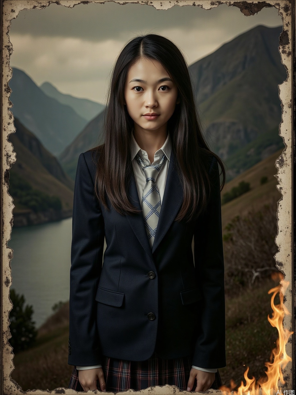 A young and slender Asian woman, positioned centrally in a vintage-style photograph. She appears to be with long, dark hair cascading down her back. She is wearing a dark navy school uniform jacket and a light-colored, patterned tie. Her expression is serious; her gaze directed directly at the viewer. The subject has a slender build. Her facial features are delicate, with a soft complexion. The background depicts a landscape with mountains and a body of water, rendered in muted colors. The overall aesthetic is melancholic, with the image appearing framed as an instant photograph, with scorched edges suggestive of a burned picture. The lighting in the image is subdued, creating a dramatic atmosphere. The composition is a three-quarter view portrait. A subtle flame effect is visible around the edges of the picture frame. The style is evocative of vintage/retro photography, producing a dramatic effect... professional photoshoot, epic scenery, cinematic lighting, photorealistic representation, superb quality, highly detailed, fine IMAX-level detail, creativity, rich imagination, exquisite details, sharp high resolution, special originality, 8K rendering, sharp focus, high contrast, vivid colors, realism, maximalism, perfect anatomy, perfect fingers, accurate anatomy, professional, award-winning, bokeh, top quality, very detailed, delicate details, very realistic photography, masterpiece, beauty and aesthetics, HDR
