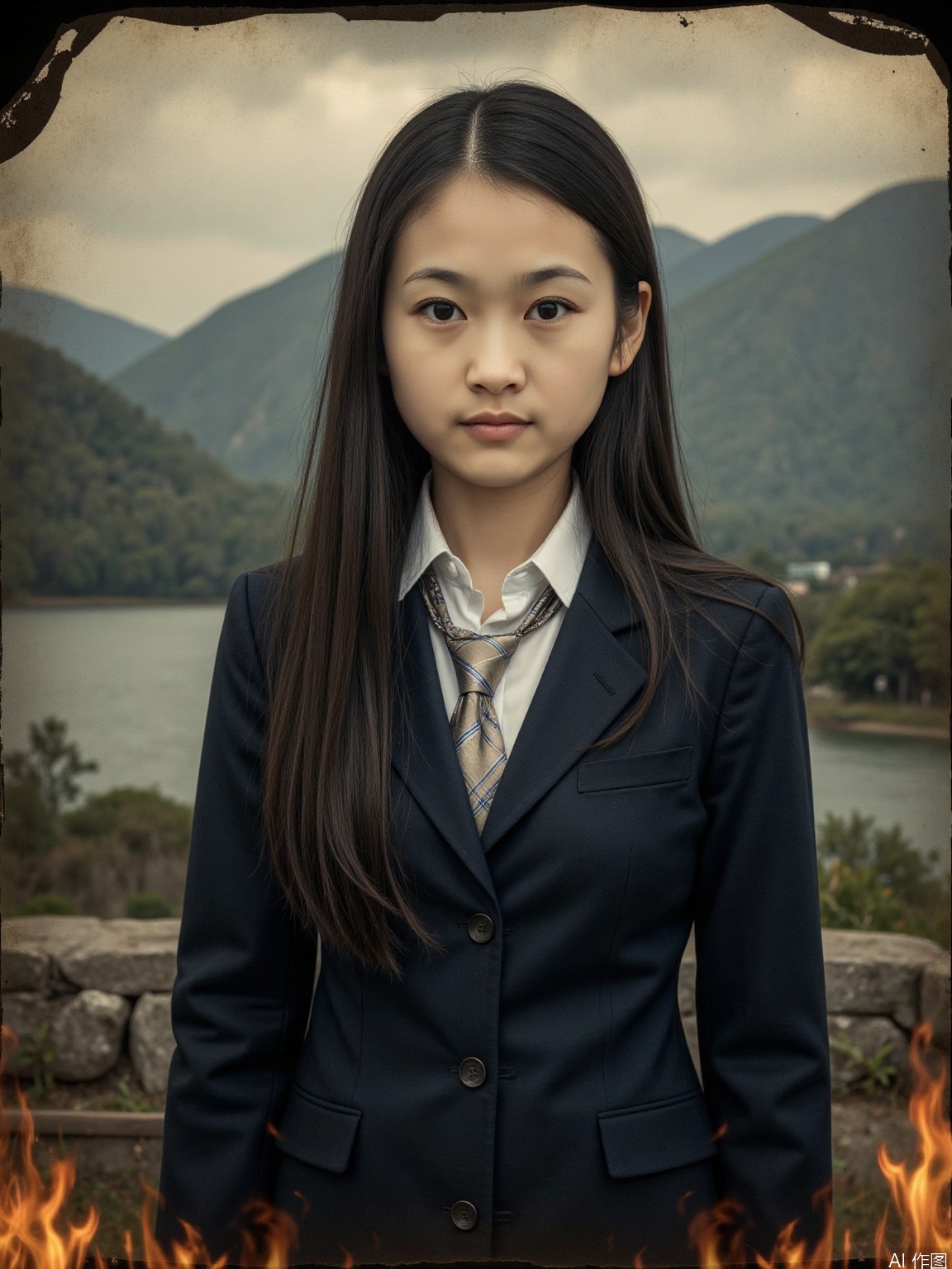 A young and slender 10yo Asian girl, positioned centrally in a vintage-style photograph. She appears to be with long, dark hair cascading down her back. She is wearing a dark navy school uniform jacket and a light-colored, patterned tie. Her expression is serious; her gaze directed directly at the viewer. The subject has a slender build. Her facial features are delicate, with a soft complexion. The background depicts a landscape with mountains and a body of water, rendered in muted colors. The overall aesthetic is melancholic, with the image appearing framed as an instant photograph, with scorched edges suggestive of a burned picture. The lighting in the image is subdued, creating a dramatic atmosphere. The composition is a three-quarter view portrait. A subtle flame effect is visible around the edges of the picture frame. The style is evocative of vintage/retro photography, producing a dramatic effect... professional photoshoot, epic scenery, cinematic lighting, photorealistic representation, superb quality, highly detailed, fine IMAX-level detail, creativity, rich imagination, exquisite details, sharp high resolution, special originality, 8K rendering, sharp focus, high contrast, vivid colors, realism, maximalism, perfect anatomy, perfect fingers, accurate anatomy, professional, award-winning, bokeh, top quality, very detailed, delicate details, very realistic photography, masterpiece, beauty and aesthetics, HDR
