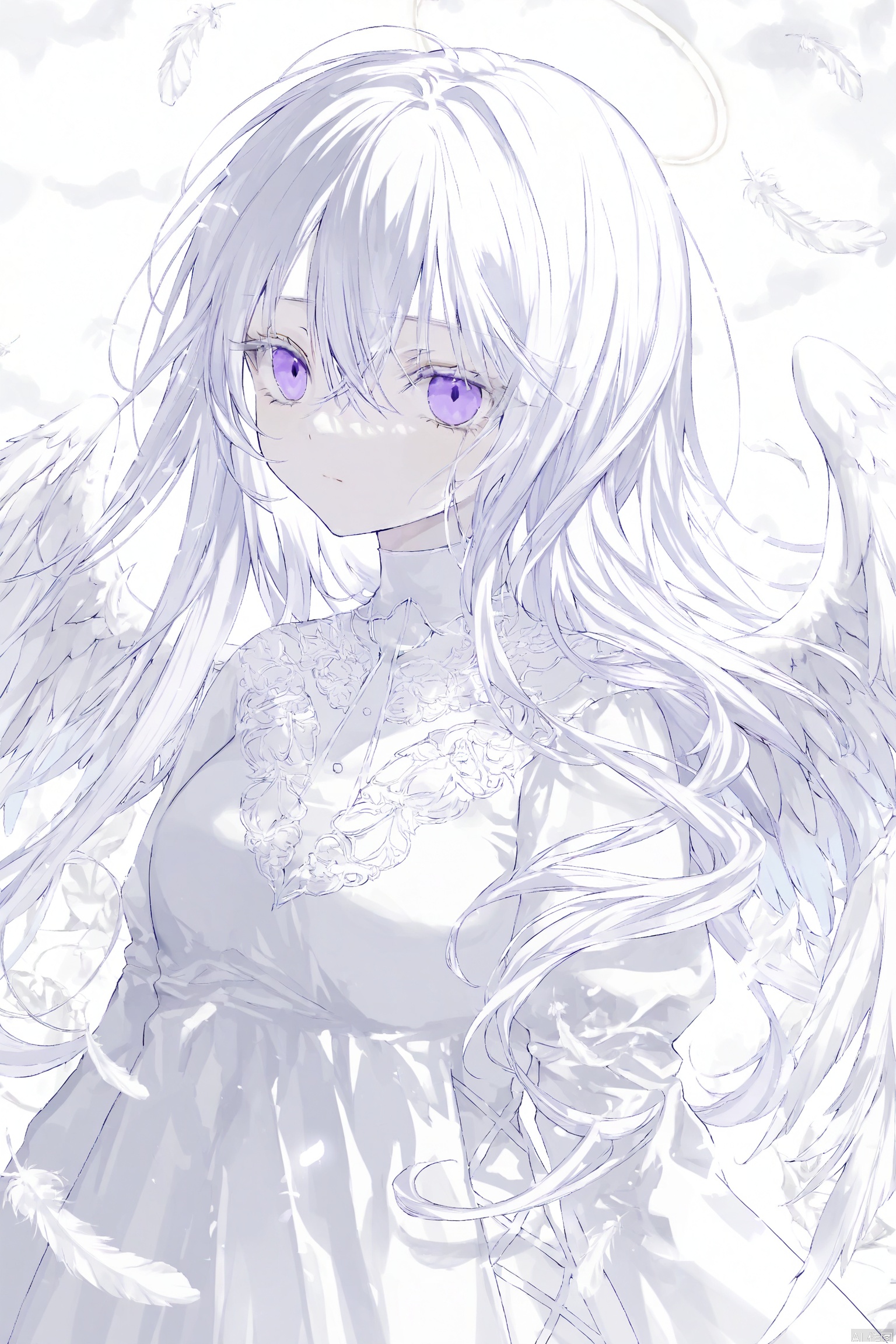 1girl, purple eyes, long hair, white hair, solo, wings, looking at viewer, feathers, upper body, bangs, hair between eyes, feathered wings, dress, white flower, falling feathers, angel wings, white theme, white wings, angel, closed mouth