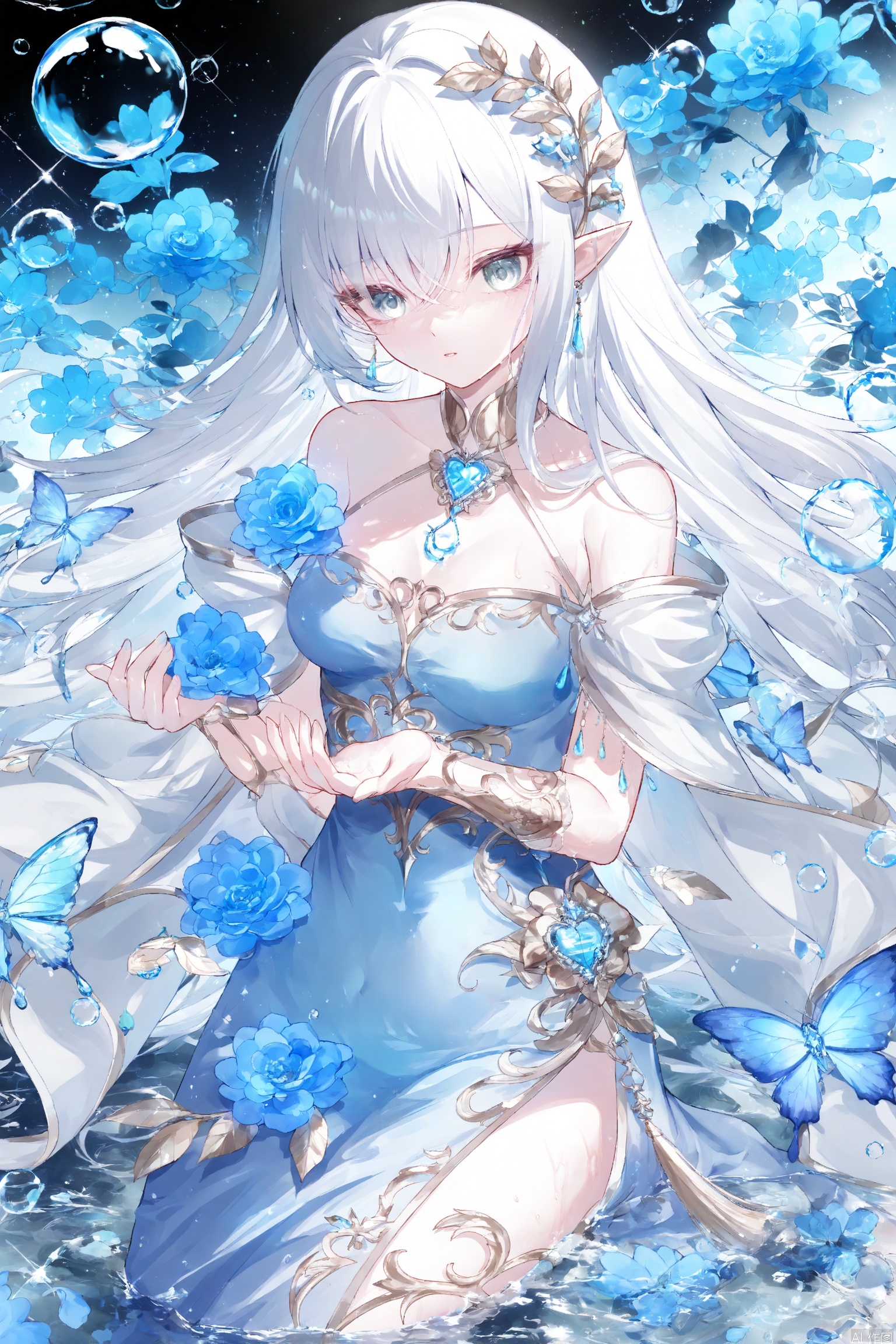 A serene fantasy scene featuring a girl with ethereal white hair,adorned in delicate blue flowers and surrounded by sparkling water droplets.,