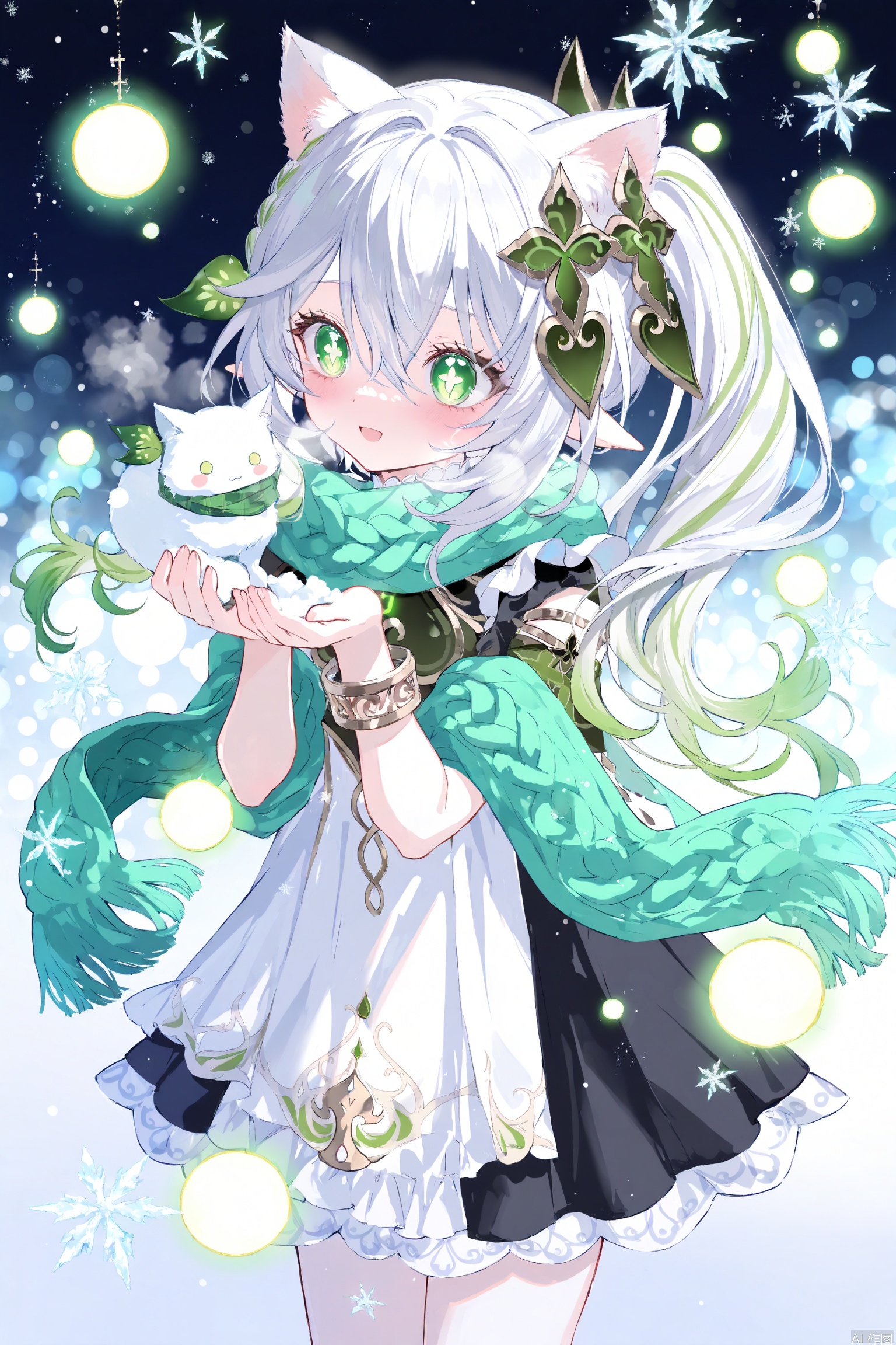 ,masterpiece,best quality,very detailed,4k,8k,Nahida(genshin impact),1girl,pointy ears,green eyes,hair ornament,side ponytail,solo,white hair,long hair,bangs,multicolored hair,symbol-shaped pupils,green hair,hair between eyes,bracelet,jewelry,cross-shaped pupils,leaf hair ornament,anime,ultra hd 32k,Open one's mouth,Cat's ears,mouth smile,blush,maid's dress,shy,chibi,White cat ears,Simple background,loli,christmas dress with fur trim,knit scarf and mittens,snowflakes in hair,magical winter forest background,northern lights in sky,glowing lanterns,crystalline ice formations,catching snowflakes,wonder-filled expression,rosy cheeks,steam from breath,nighttime scene,ethereal blue lighting,snow particles in air,bokeh effects,