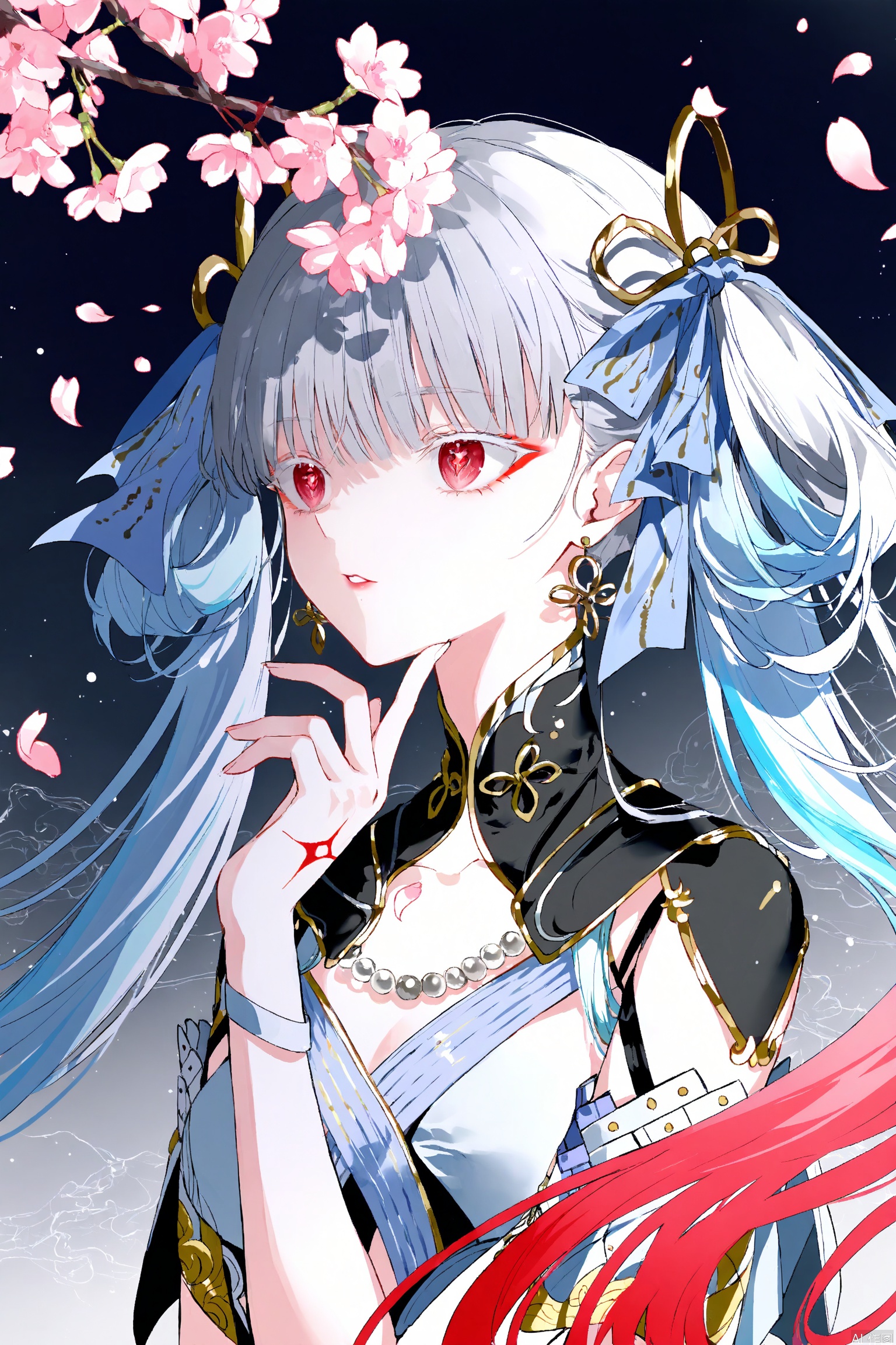 Jinhsi\(wuthering waves\),1girl,solo,jewelry,hair ornament,detached sleeves,earrings,hair flower,flower,bare shoulders,grey hair,petals,parted lips,cherry blossoms,upper body,twintails,pink flower,long hair,dress,necklace,multicolored hair,red hair,makeup,red eyes,hair bun,strapless,double bun,Simple Flat Coloring,line,Hand on chin pose,dynamic_angle,