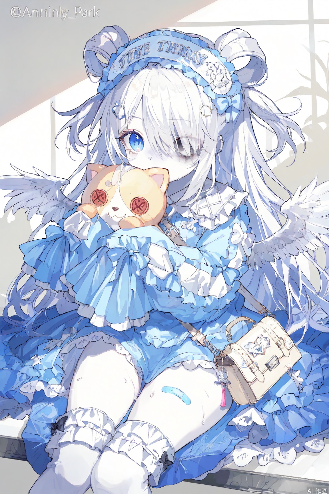 In a temperate atmosphere with a high-end texture, a stunning young woman with short white hair and blue eyes sits confidently, looking directly at the viewer. A bandaid adorns her nose, while another covers part of her face. Her frilled jacket is adorned with wing-shaped hair ornaments, matching the design on her thigh-high boots. Long sleeves extend past her wrists, framing her pale skin. She wears a hairband and clip, with blue nails completing the mesmerizing visual. The background features a bag, subtly emphasizing the masterpiece's details in 8K resolution, meeting the score requirement of >=60.