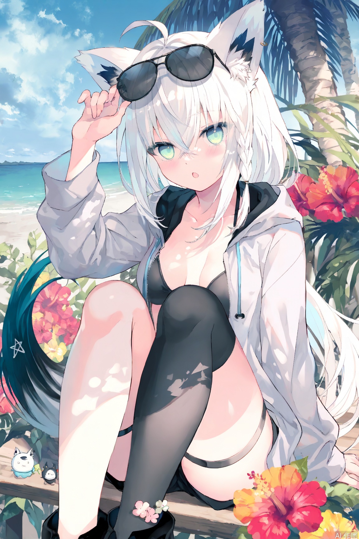 (best quality), ((masterpiece)), (highres),original, extremely detailed, 1girl, solo, shirakami fubuki, virtual youtuber, animal ears, tail, long hair, fox tail, white hair, fox ears, green eyes, braid, sunglasses, sitting, ahoge, fox girl, looking at viewer, single thighhigh, eyewear on head, thighhighs, single braid, bangs, hair between eyes, outdoors, breasts, swimsuit, small breasts, open mouth, animal ear fluff, sidelocks, bikini, see-through, black thighhighs, hood, black footwear, ocean, black bikini, knees up, open clothes, tree, jewelry, hoodie, earrings, palm tree, adjusting eyewear, beach, flowers (innocent grey)