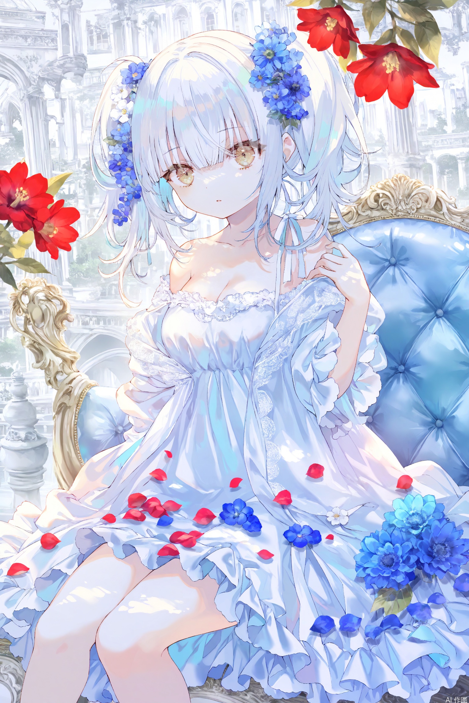 O,Noyu,Torino,0,looking at viewer, collarbone, brown eyes, white_dress, white flower, bare shoulders, parted lips, original, open dress, frilly dress, red_eye, blue_flower, cleavage, bangs, eyebrows visible through hair, twintails, dress, hair between eyes, petal, hair ornament, medium breasts, female solo, white hair, white flower hair ornament, sitting, breasts, frills