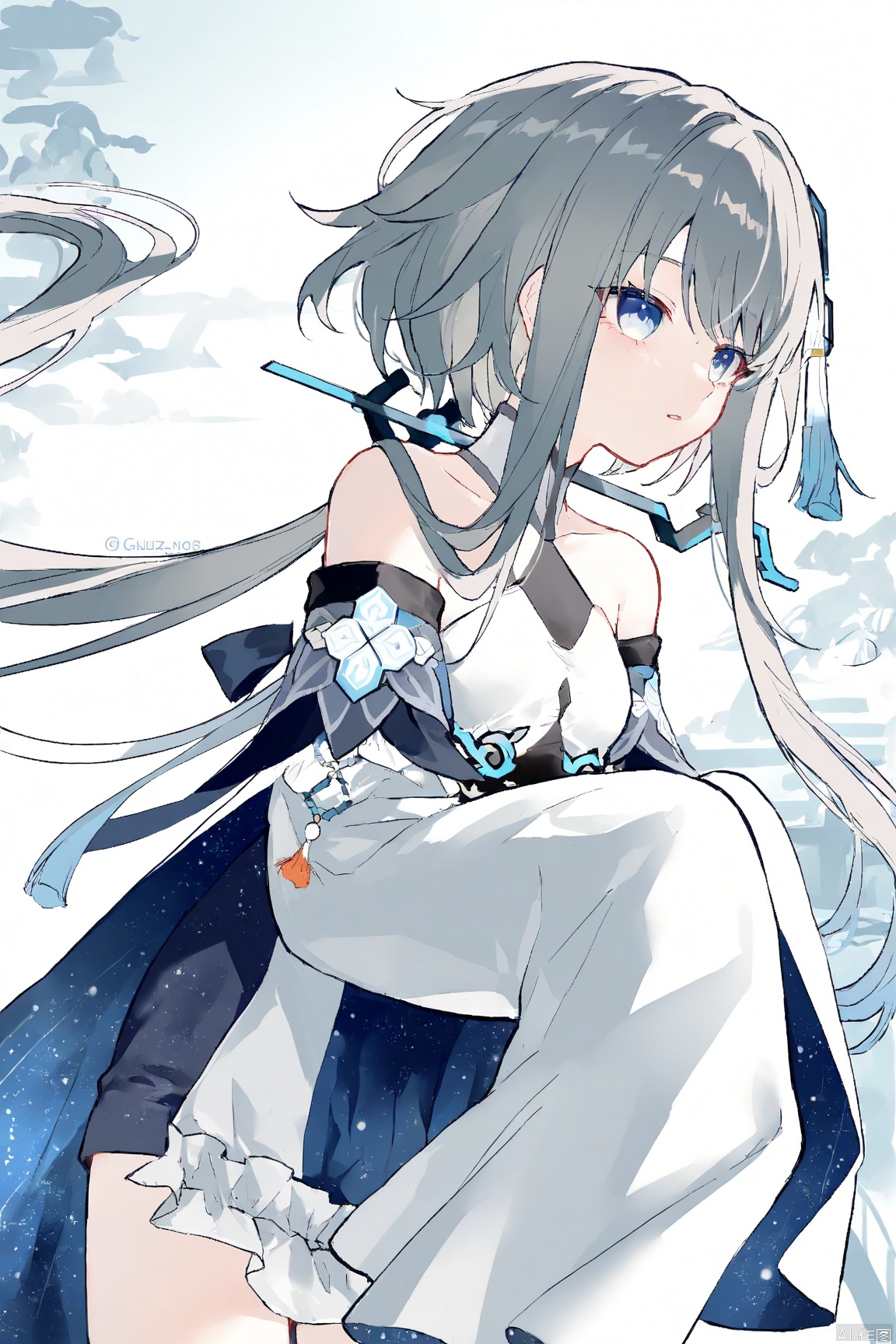 guizhong\(genshin_impact\),1girl,detached_sleeves,bare_shoulders,white_dress,sleeves_past_fingers,wide_sleeves,short_hair_with_long_locks,long_sleeves,