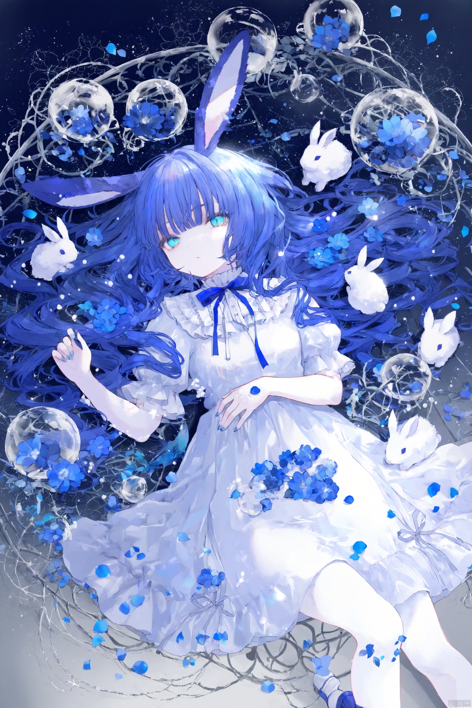 1girl, solo, blue eyes, blue hair, on back, lying, long hair, dress, flower, animal ears, pantyhose, petals, shoes, rabbit ears, short sleeves, bow, bangs, parted lips, white dress, blue nails, looking at viewer