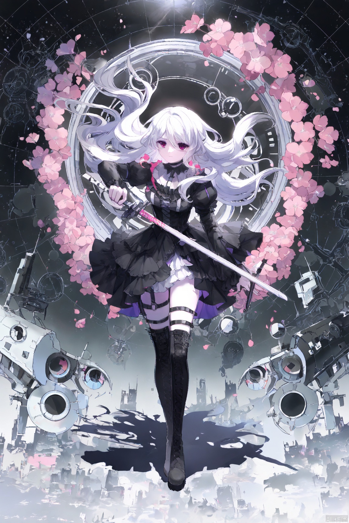 view,diancai,lightshadow,scenario,Goth_scenario,0,TrNyteal,Alya,anime character,long white hair,holding sword,detailed outfit,thigh-high boots,futuristic background,pink flowers,circular structure,TrNyteal,Alya,