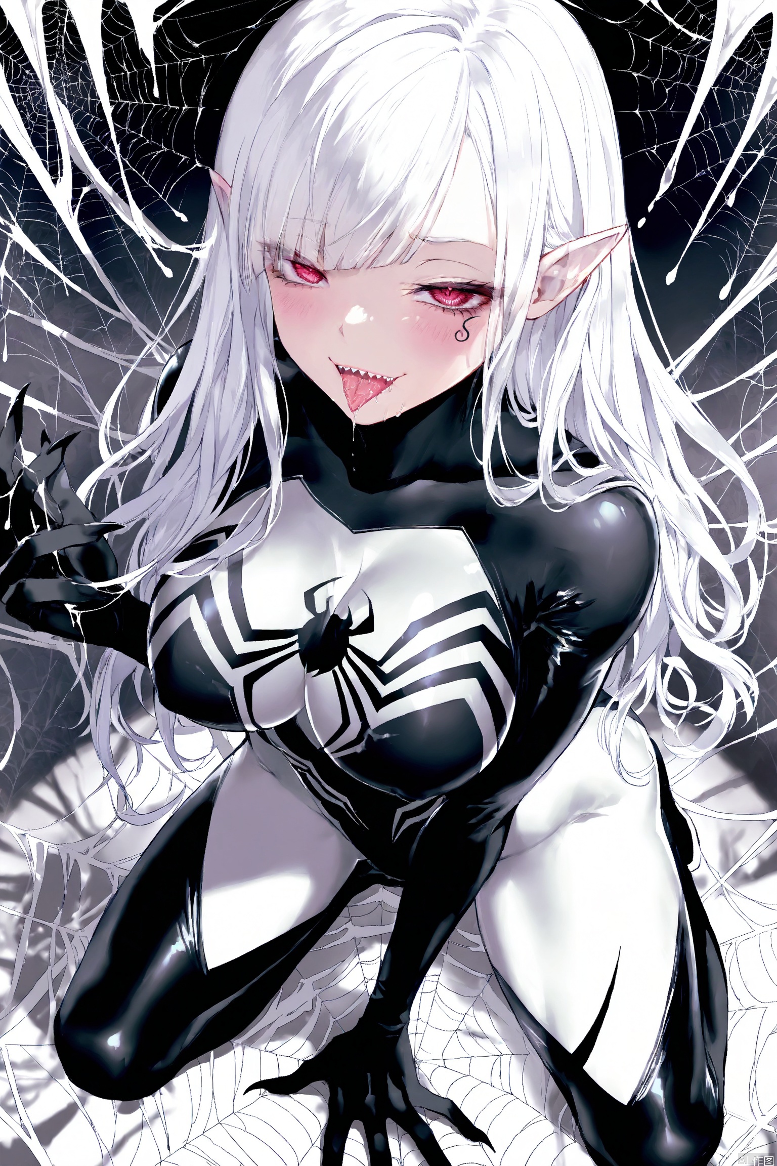 
1girl,solo,milf,elf,
red eyes,white hair,long hair,swept bangs,diagonal bangs,large breasts,sharp teeth,sharp nails,
spider web,bodysuit,venom \(marvel\),tattoo,
seductive smile,half-closed eyes,blush,tongue out,saliva,kneeling,hand between legs,from above,close-up,
