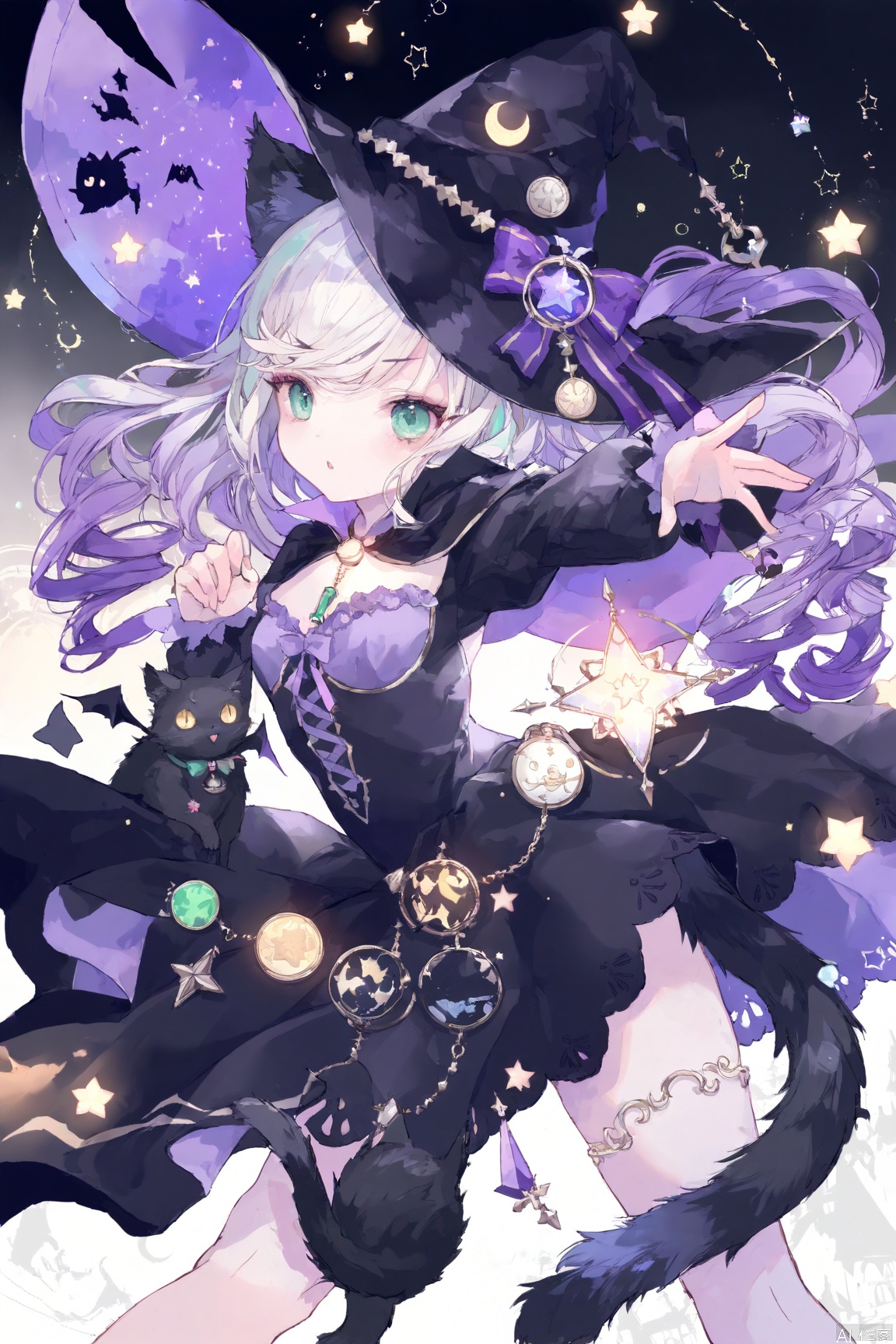chiema,A girl with black-to-purple gradient long curly hair,wearing a witch hat,adorned with black cat ears and a cat tail,dressed in witch attire embellished with star and moon elements,dynamic pose,dynamic angle,