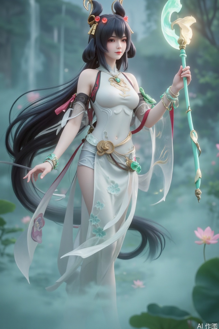 A graceful and powerful woman stands in a glowing lotus garden, her long, dark hair adorned with glowing lotus-shaped hair ornaments. Her eyes are deep and calm, radiating an aura of wisdom and celestial energy. She wears a flowing, white silk gown with intricate lotus patterns and glowing golden accents, symbolizing her ethereal and divine nature. Her hands are adorned with glowing jade bracelets and rings that shimmer with spiritual energy. In her hand, she holds a glowing jade lotus staff, radiating an aura of power and enlightenment. The background features a glowing lotus garden surrounded by misty mountains and casca