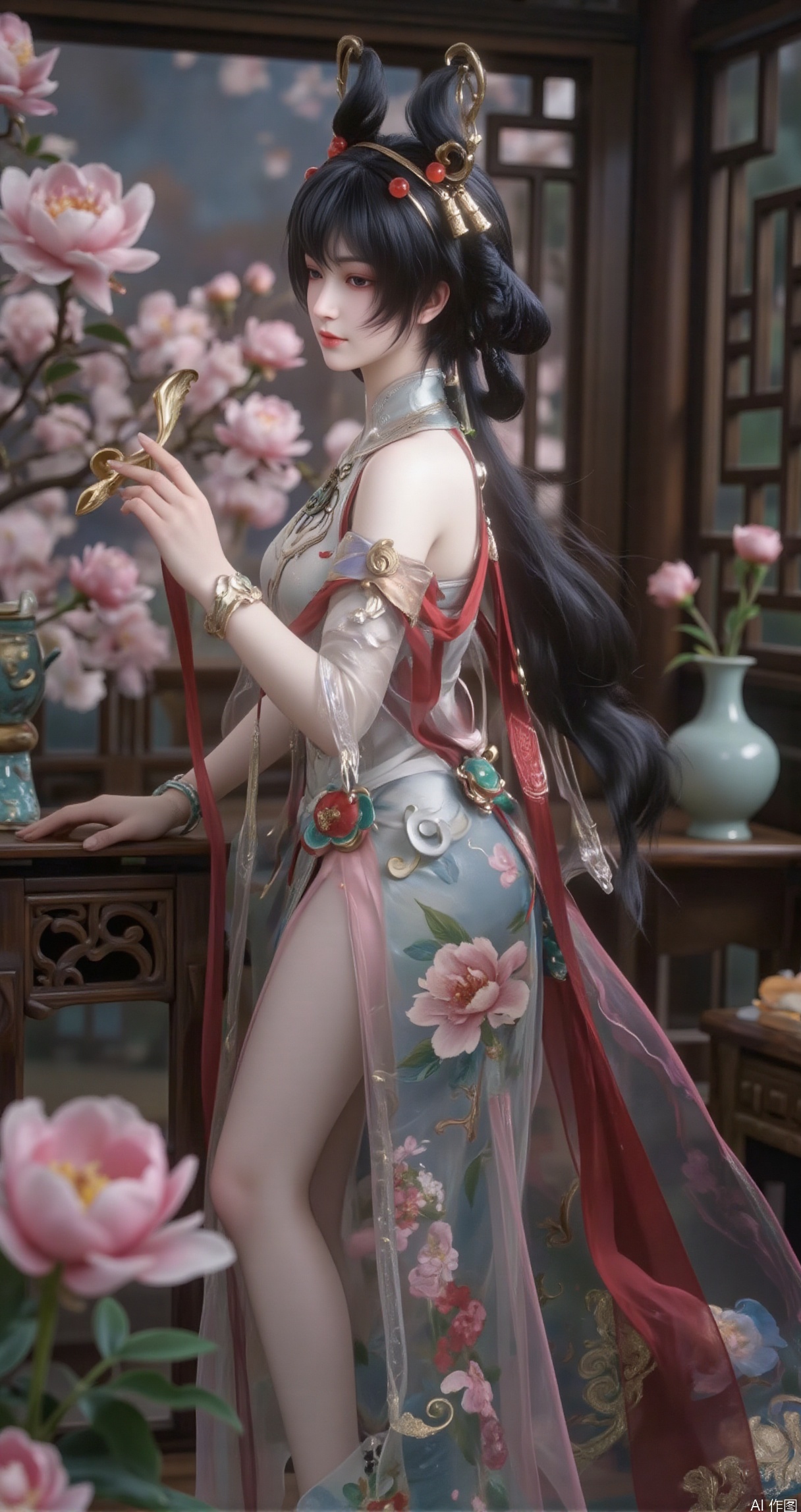 best quality, realistic style, 8k resolution, masterpiece, top quality, rim light, soft light,
1girl, young woman, jet - black long hair, rosy cheeks, phoenix eyes, delicate nose,
qipao, cheongsam with floral patterns, silk material, high - slit skirt,
peony flowers, Chinese - style window lattice, mahogany table, porcelain vase,
side light, soft light,
focus on the beauty,
red AND pink,
foreground beauty, middle - ground table, background window lattice,
motion blur (if the girl is moving slightly)