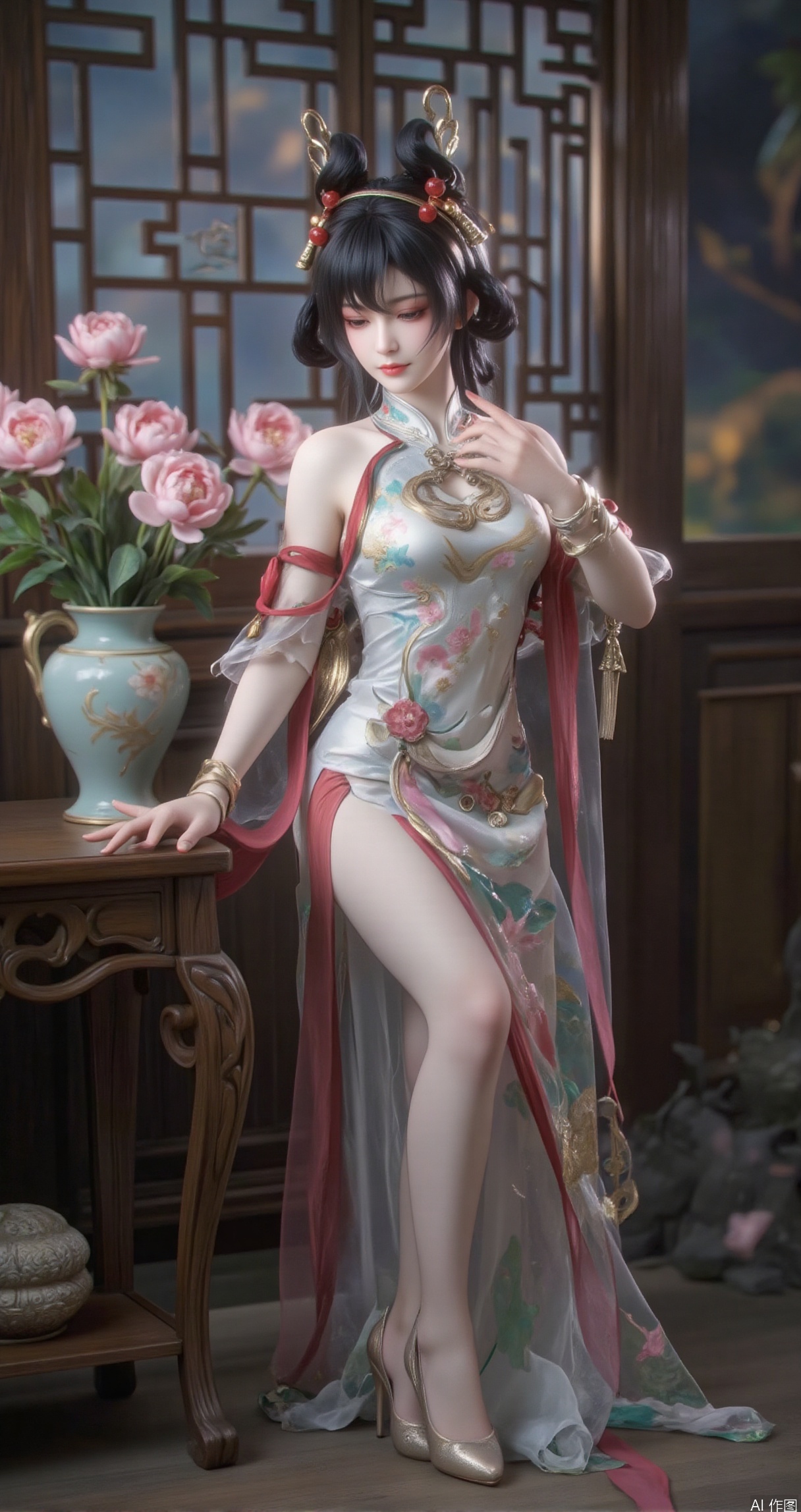 best quality, realistic style, 8k resolution, masterpiece, top quality, rim light, soft light,
1girl, young woman, jet - black long hair, rosy cheeks, phoenix eyes, delicate nose,
qipao, cheongsam with floral patterns, silk material, high - slit skirt,
peony flowers, Chinese - style window lattice, mahogany table, porcelain vase,
side light, soft light,
focus on the beauty,
red AND pink,
foreground beauty, middle - ground table, background window lattice,
motion blur (if the girl is moving slightly)