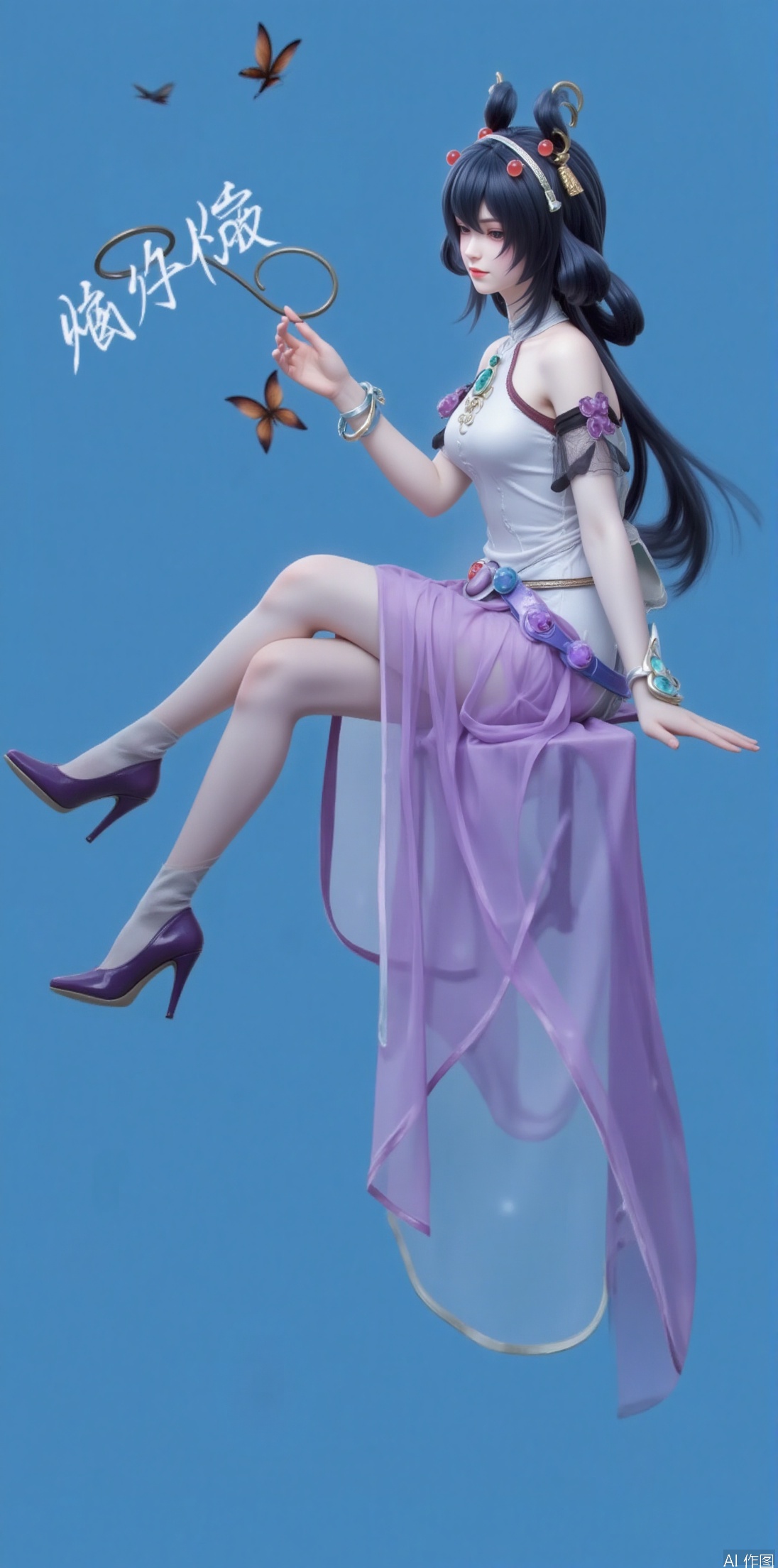 1girl, solo, long hair, looking at viewer, black hair, hair ornament, thighhighs, dress, sitting, closed mouth, full body, teeth, high heels,, bug, butterfly, purple dress, chinese text,jinghongzy,lolita,blue background,Solid color background,jujingyi