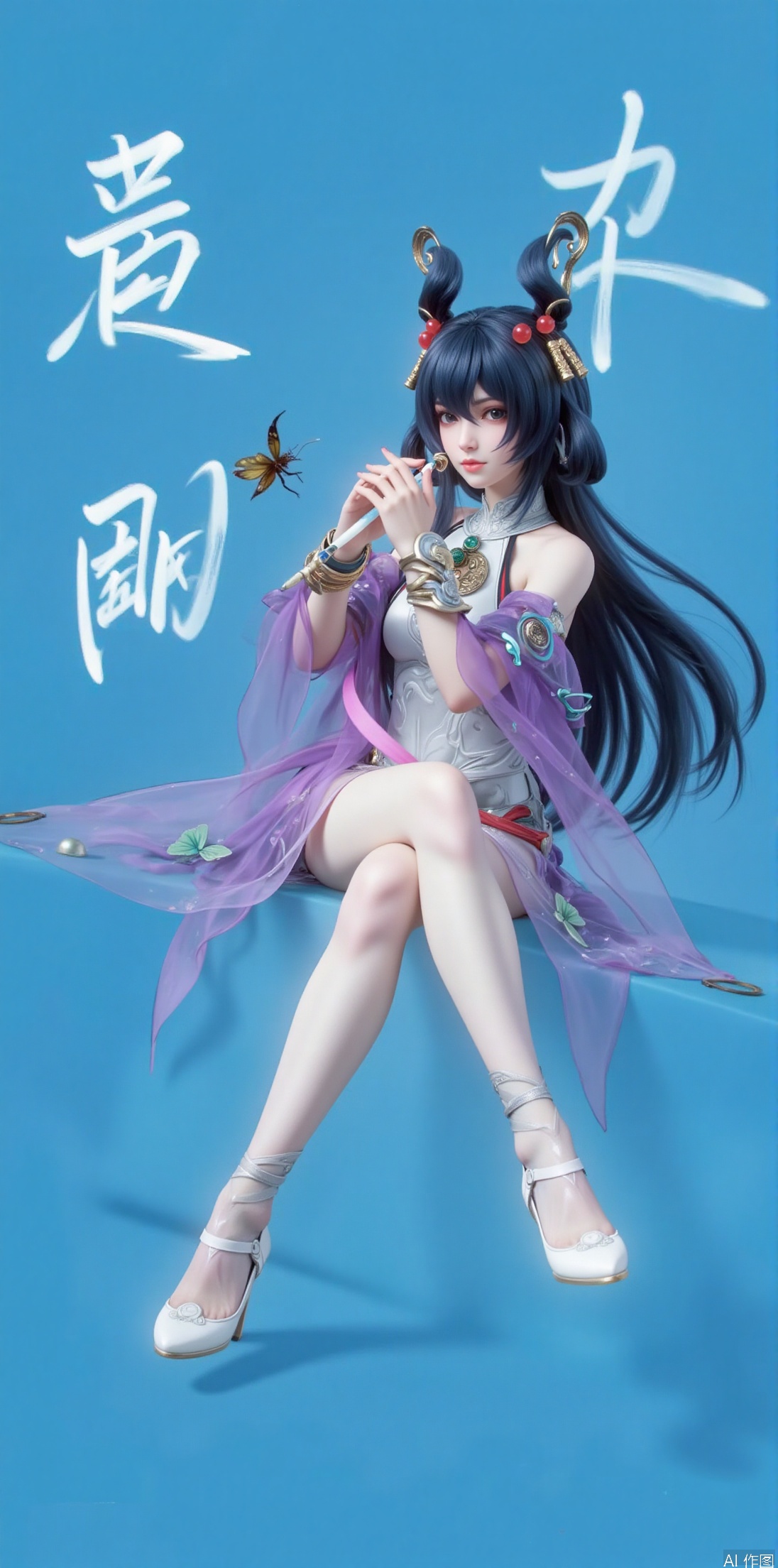 1girl, solo, long hair, looking at viewer, black hair, hair ornament, thighhighs, dress, sitting, closed mouth, full body, teeth, high heels,, bug, butterfly, purple dress, chinese text,jinghongzy,lolita,blue background,Solid color background,jujingyi
