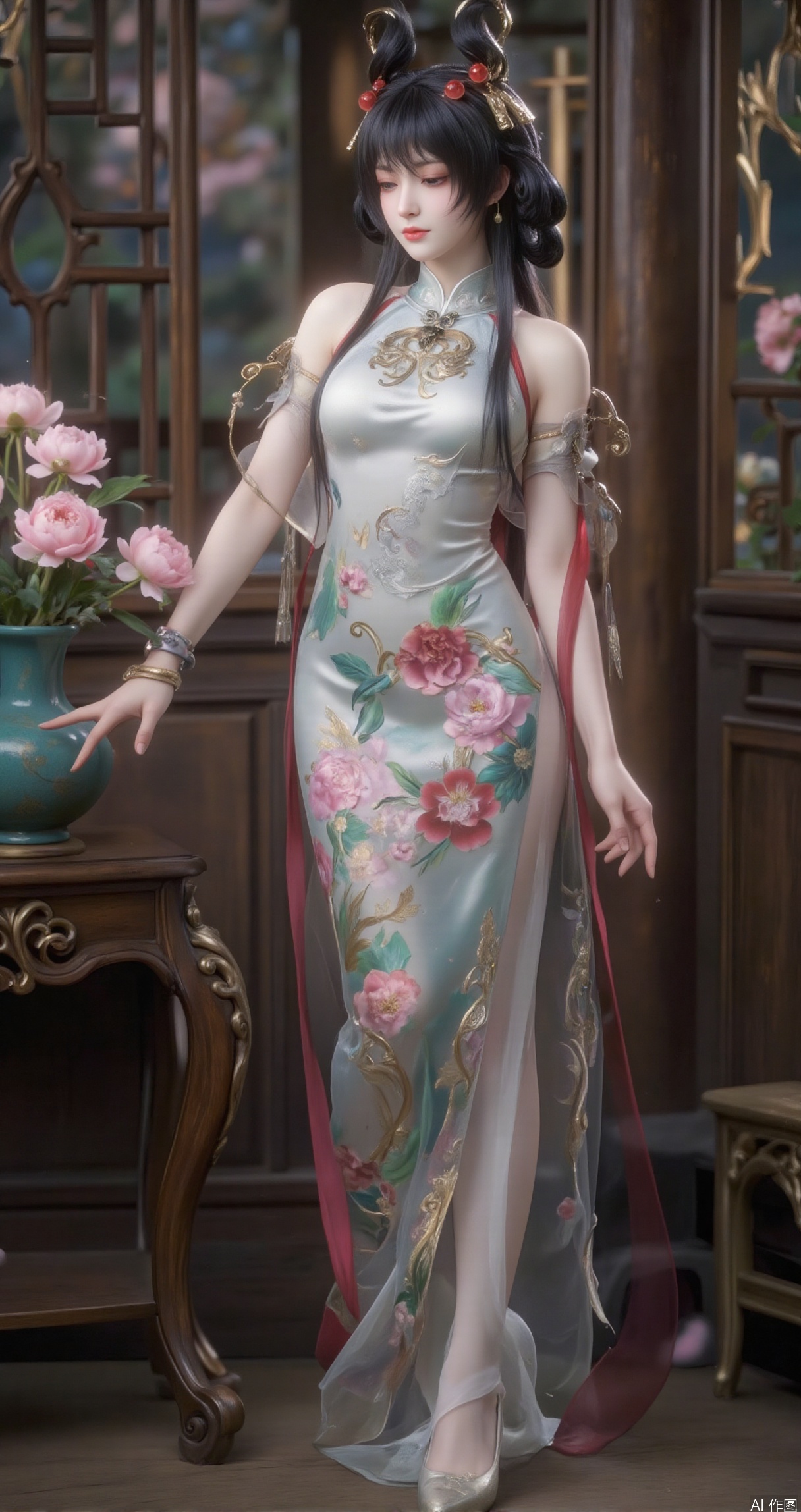 best quality, realistic style, 8k resolution, masterpiece, top quality, rim light, soft light,
1girl, young woman, jet - black long hair, rosy cheeks, phoenix eyes, delicate nose,
qipao, cheongsam with floral patterns, silk material, high - slit skirt,
peony flowers, Chinese - style window lattice, mahogany table, porcelain vase,
side light, soft light,
focus on the beauty,
red AND pink,
foreground beauty, middle - ground table, background window lattice,
motion blur (if the girl is moving slightly)