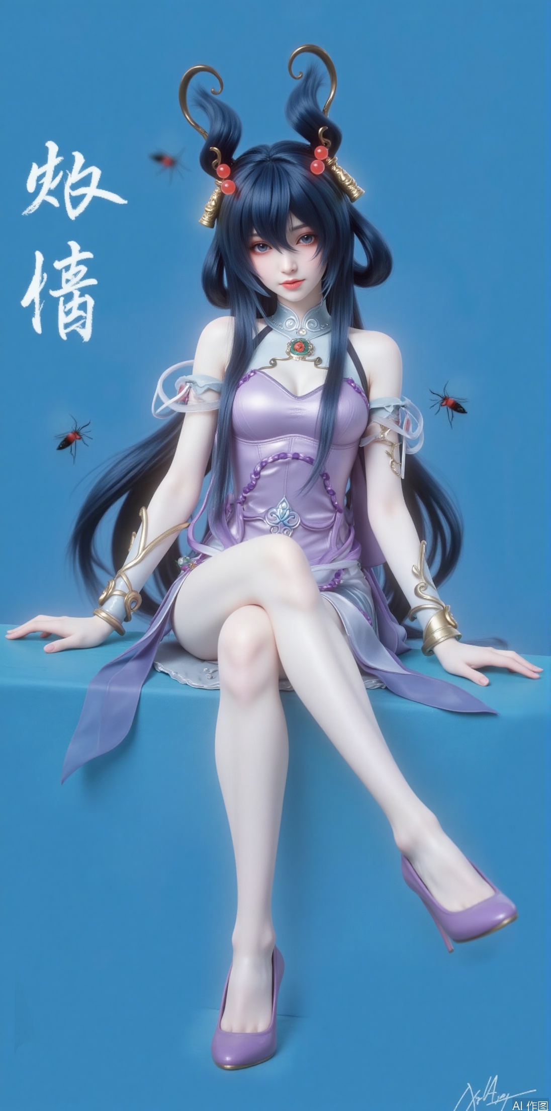 1girl, solo, long hair, looking at viewer, black hair, hair ornament, thighhighs, dress, sitting, closed mouth, full body, teeth, high heels,, bug, butterfly, purple dress, chinese text,jinghongzy,lolita,blue background,Solid color background,jujingyi