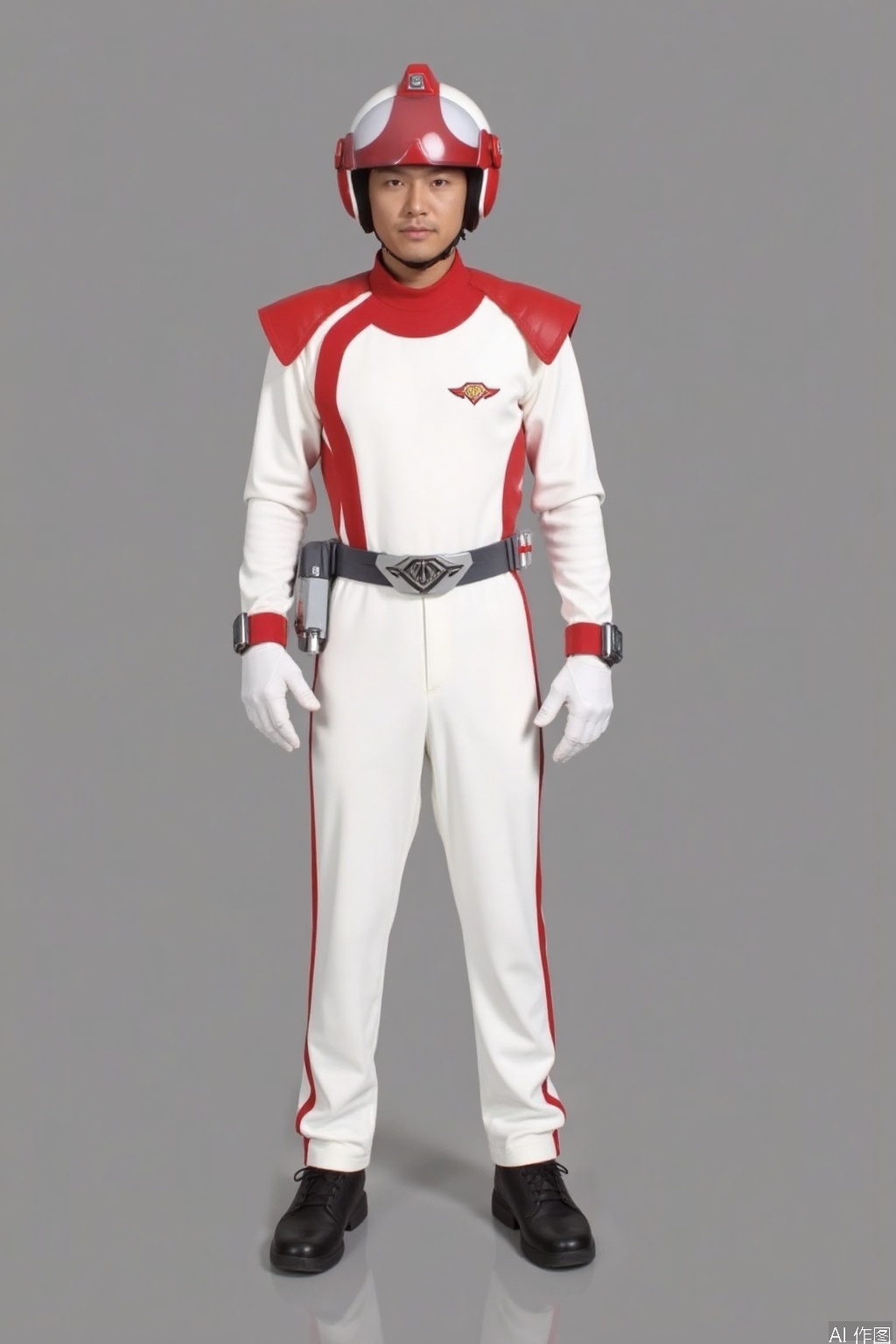 HEART-NEOS,helmet,white jacket,collar,belt,logo,uniform,jacket,gloves,boots,emblem,pants,white gloves,black footwear,white jacket with red line