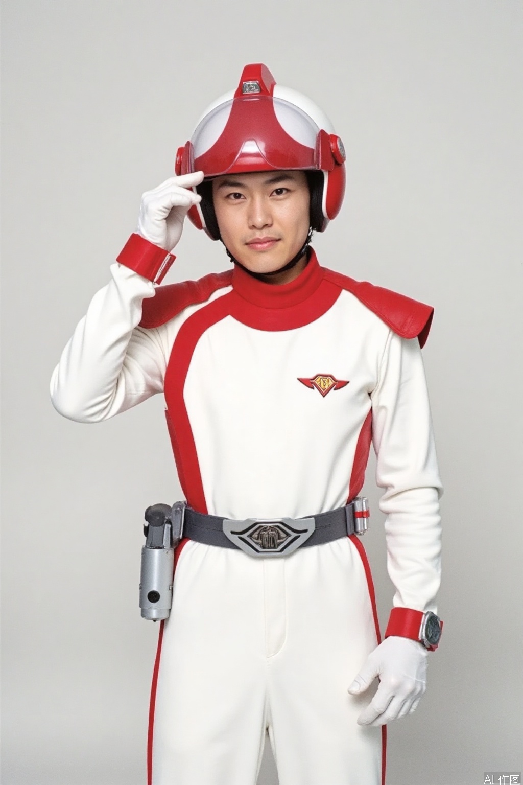 HEART-NEOS,helmet,white jacket,collar,belt,logo,uniform,jacket,gloves,boots,emblem,pants,white gloves,black footwear,white jacket with red line