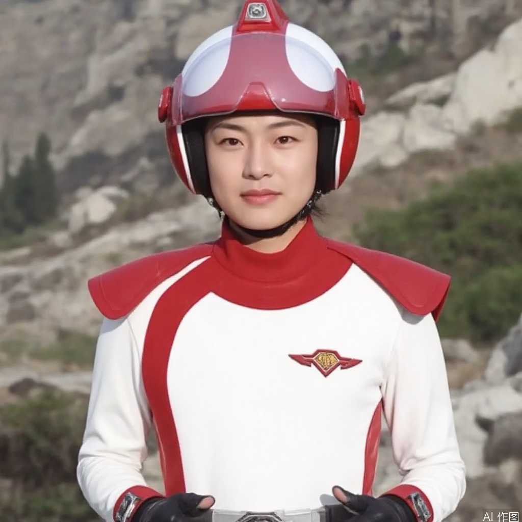 HEART-NEOS,helmet,white jacket,collar,belt,logo,uniform,jacket,gloves,boots,emblem,pants,white gloves,black footwear,white jacket with red line