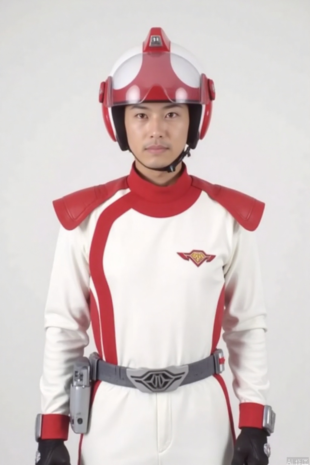 HEART-NEOS,helmet,white jacket,collar,belt,logo,uniform,jacket,gloves,boots,emblem,pants,white gloves,black footwear,white jacket with red line