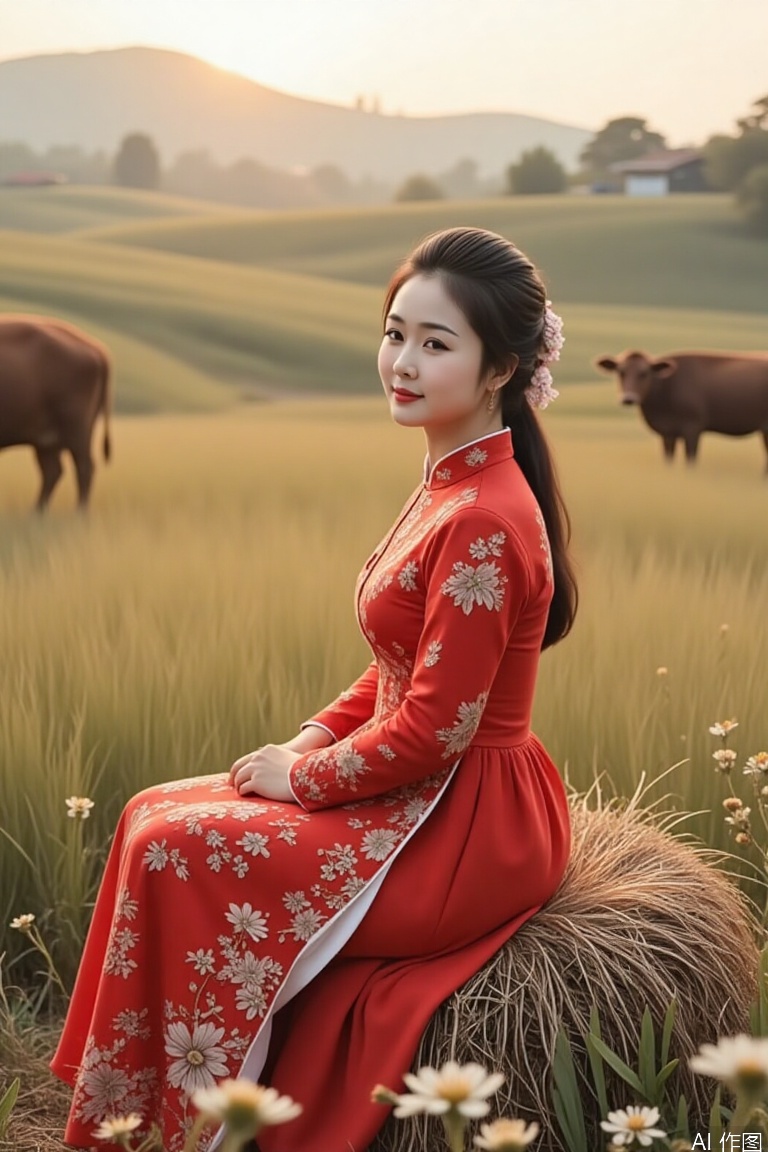 (Kodak Portra 400 film simulation), shy village girl in red qipao sitting on haystack, morning dew on wildflowers around her, soft bokeh of grazing cows in background, vintage lens flare across frame, subtle skin retouching keeping natural blush --v 6 --ar 5:4 