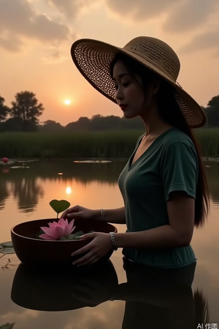 (silhouette lighting:1.4), At dusk, the girl picking lotus is slashed in the wooden basin. The outline of the hat is inlaid with gold edges. The pink lotus and dark green lotus leaves intersect the foreground. The water surface reflects the burning clouds. The characters are presented in silhouette form, only the cinnabar color on the lips and the reflection of the silver bracelet --v 6 --ar 2:1