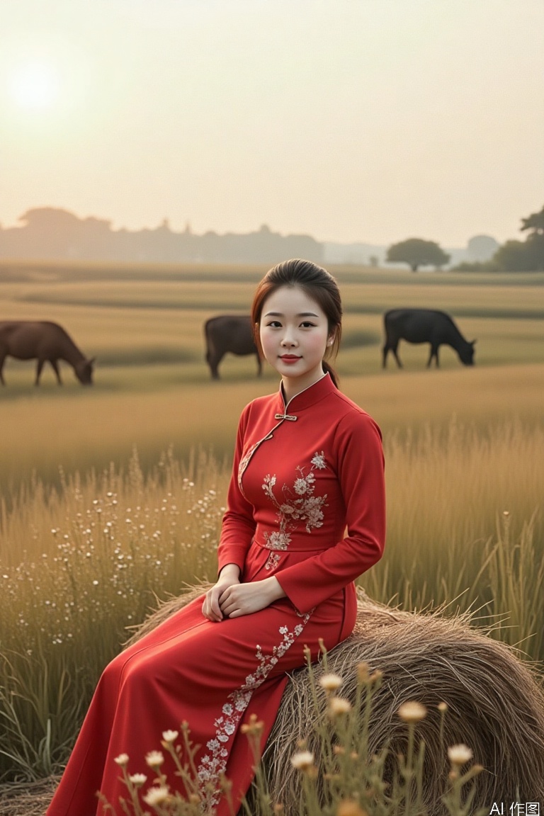 (Kodak Portra 400 film simulation), shy village girl in red qipao sitting on haystack, morning dew on wildflowers around her, soft bokeh of grazing cows in background, vintage lens flare across frame, subtle skin retouching keeping natural blush --v 6 --ar 5:4 