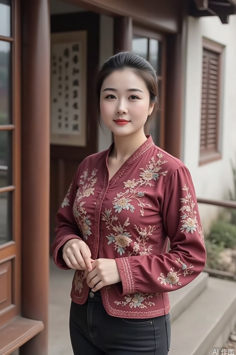 (historical accuracy:1.3), In front of the carved wooden porch of Huizhou houses, a 25-year-old embroidered woman wearing a crimson purple slanted shirt and holding a tie-up frame to embroidery close-up. The mottled white wall with a blurred background has calligraphy inscriptions. The side light shines on the silver needles reflect the bluestone floor area, and the water reflects the window lattice --v 6 --ar 16:9