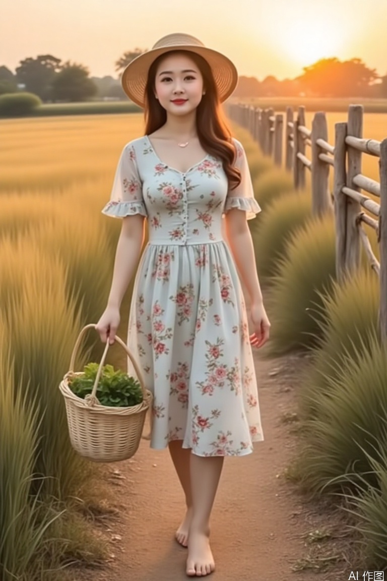 (masterpiece, best quality:1.3), rural Chinese beauty with healthy sun-kissed complexion, wearing simple floral cotton dress and straw hat, standing in golden wheat field at sunset, carrying bamboo basket with fresh vegetables, barefoot on dirt path, rustic wooden fence in background, warm sunlight casting soft glow on her rosy cheeks --v 6 --ar 4:3