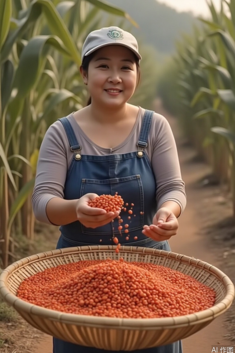 (motion blur:1.1), The moment when a 30-year-old peasant woman threw hot peppers, the navy blue apron and the golden corn stand formed a contrasting color, the flying pepper grains formed a visual guide line, and the sunlight shone on dust to form light mist, retaining the dynamic trajectory of the blurring of the bamboo sieve --v 6 --ar 9:16