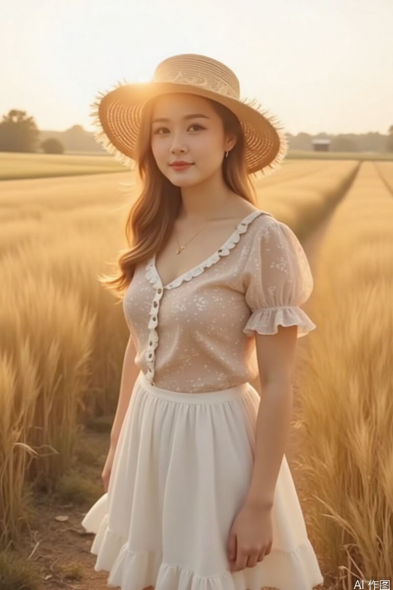Kodak Portra 800 film simulation), a farm girl wears a straw hat and a coarse white skirt, standing in a golden wheat field against the light, the wheat ears are clearly visible, the wind raises the hair and the hem of the skirt, the sunlight forms light spots through the wheat straw, and the texture of the film grain retains the natural texture of the skin --v 6 --ar 4:5
