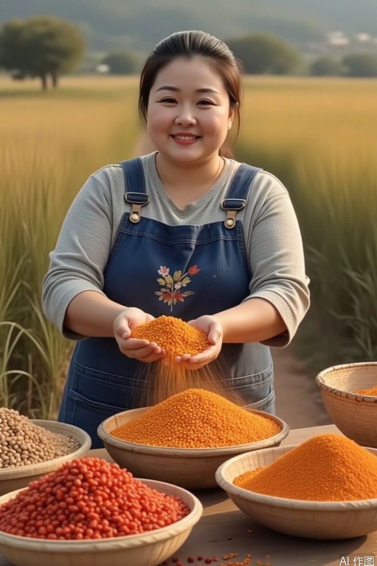 (motion blur:1.1), The moment when a 30-year-old peasant woman threw hot peppers, the navy blue apron and the golden corn stand formed a contrasting color, the flying pepper grains formed a visual guide line, and the sunlight shone on dust to form light mist, retaining the dynamic trajectory of the blurring of the bamboo sieve --v 6 --ar 9:16