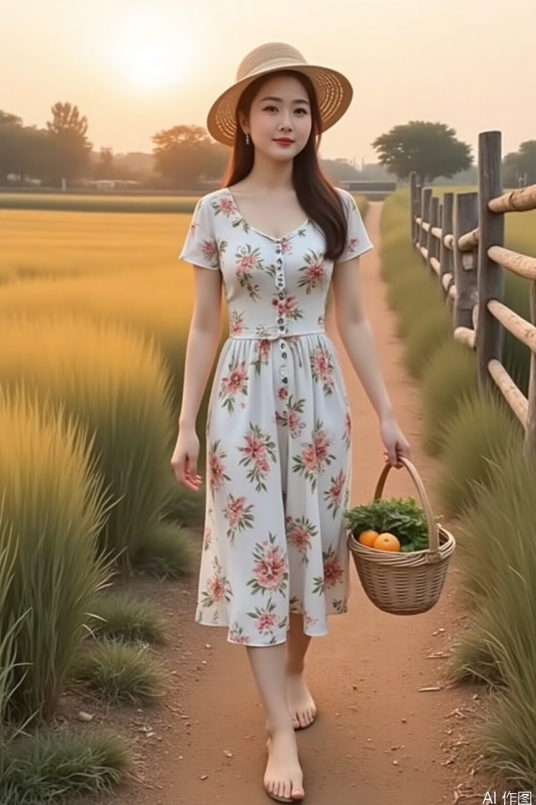 (masterpiece, best quality:1.3), rural Chinese beauty with healthy sun-kissed complexion, wearing simple floral cotton dress and straw hat, standing in golden wheat field at sunset, carrying bamboo basket with fresh vegetables, barefoot on dirt path, rustic wooden fence in background, warm sunlight casting soft glow on her rosy cheeks --v 6 --ar 4:3