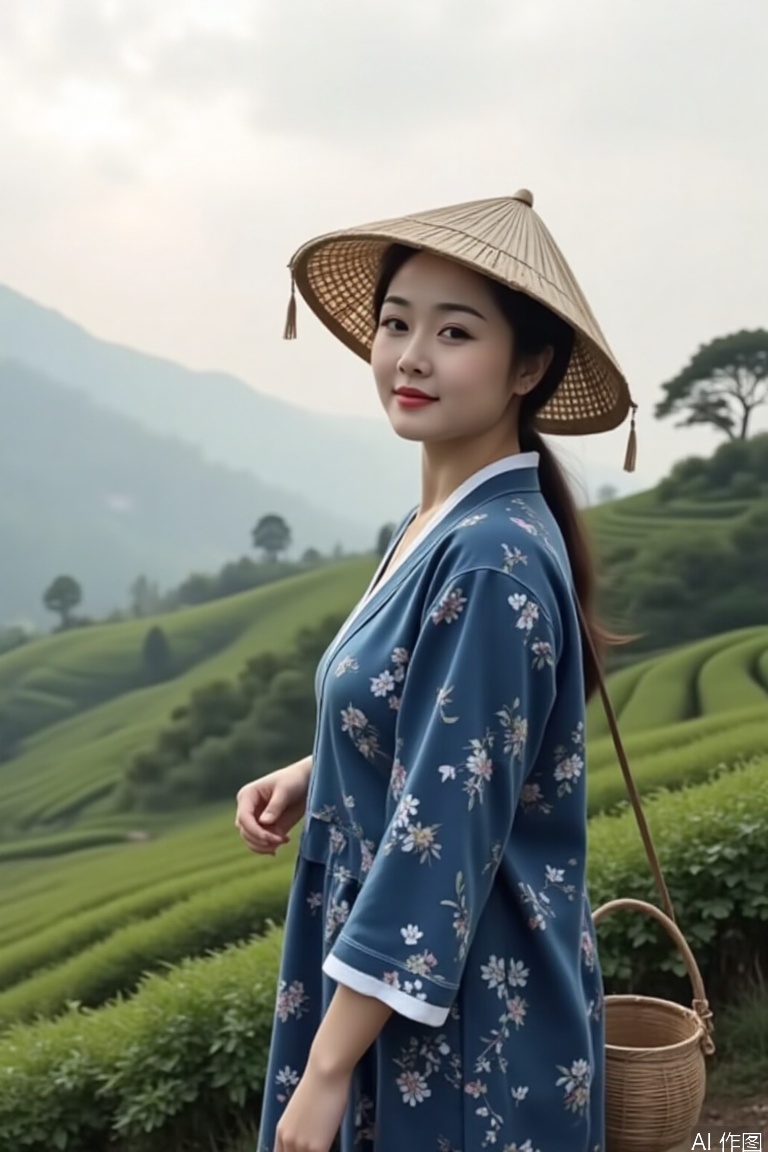 (masterpiece:1.2), a 20-year-old She girl wore an indigo batik short coat, a bamboo hat hangs tassels, and a vine basket stands in the fog tea mountain. Morning light penetrates the clouds to form a Dingal effect. A close-up of tea buds with fingertips touching the hidden tea buds, shallow depth of field blurs the terraces in the distance, soft focus treatment creates a hazy poetic meaning --v 6 --ar 3:4