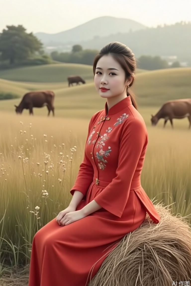 (Kodak Portra 400 film simulation), shy village girl in red qipao sitting on haystack, morning dew on wildflowers around her, soft bokeh of grazing cows in background, vintage lens flare across frame, subtle skin retouching keeping natural blush --v 6 --ar 5:4 