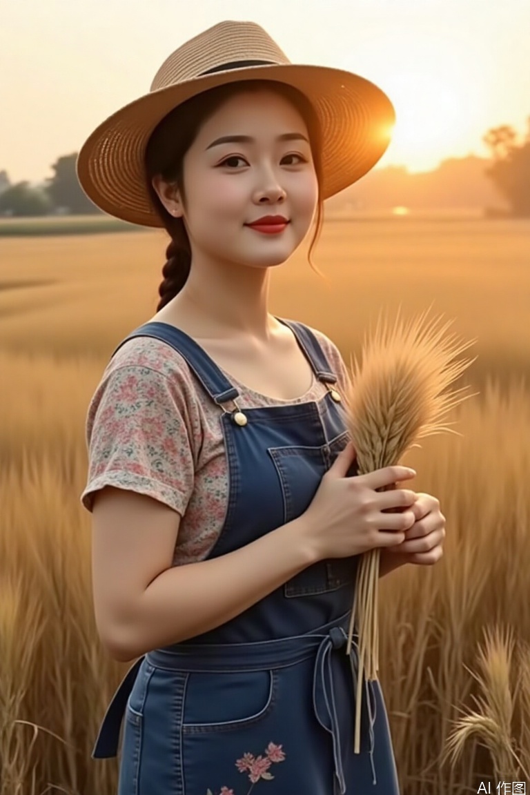 (masterpiece, best quality:1.3), Chinese rural woman in her 30s wearing straw hat and indigo apron, standing in sunlit wheat field at dusk, holding freshly harvested grain with calloused hands, warm backlight creating halo around her braided hair, dust particles floating in air, hyper-detailed skin texture showing sun freckles --v 6 --ar 4:367
2. 