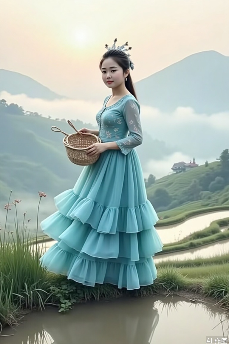 (ethereal fantasy:1.2), young Miao ethnic girl in silver headdress, standing on foggy rice terrace at dawn, layered cyan batik dress blending with mist, carrying bamboo fish trap, soft volumetric light piercing through clouds, watercolor-style background with ink wash texture --v 6 --ar 16:926
3. 