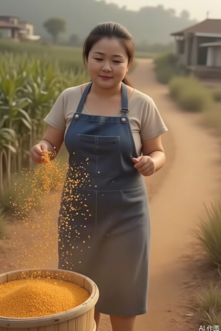 (motion blur:1.1), The moment when a 30-year-old peasant woman threw hot peppers, the navy blue apron and the golden corn stand formed a contrasting color, the flying pepper grains formed a visual guide line, and the sunlight shone on dust to form light mist, retaining the dynamic trajectory of the blurring of the bamboo sieve --v 6 --ar 9:16