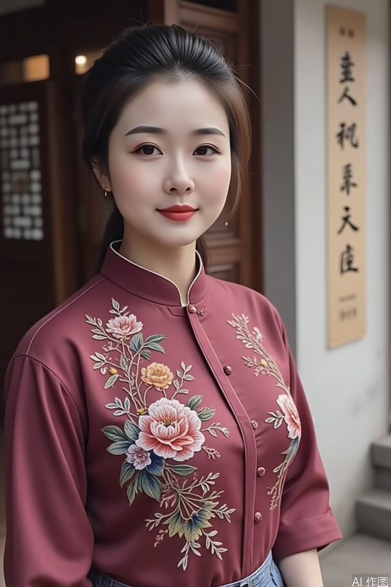 (historical accuracy:1.3), In front of the carved wooden porch of Huizhou houses, a 25-year-old embroidered woman wearing a crimson purple slanted shirt and holding a tie-up frame to embroidery close-up. The mottled white wall with a blurred background has calligraphy inscriptions. The side light shines on the silver needles reflect the bluestone floor area, and the water reflects the window lattice --v 6 --ar 16:9