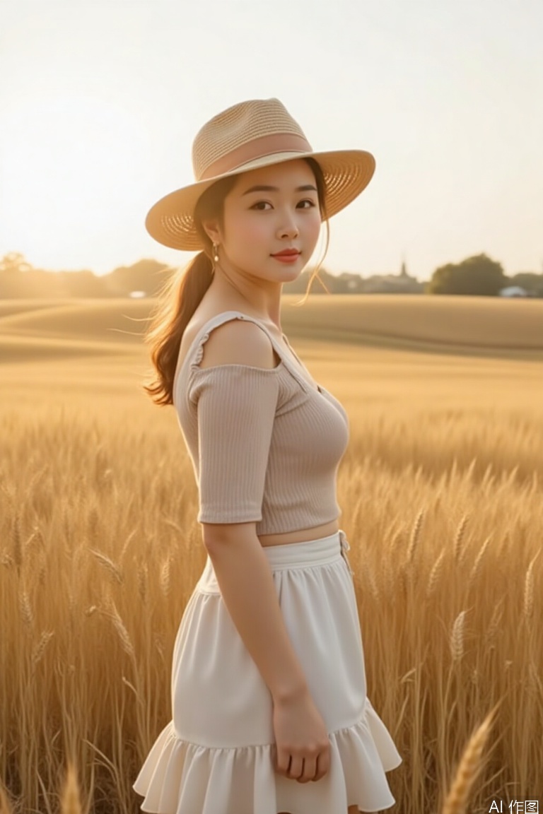 Kodak Portra 800 film simulation), a farm girl wears a straw hat and a coarse white skirt, standing in a golden wheat field against the light, the wheat ears are clearly visible, the wind raises the hair and the hem of the skirt, the sunlight forms light spots through the wheat straw, and the texture of the film grain retains the natural texture of the skin --v 6 --ar 4:5