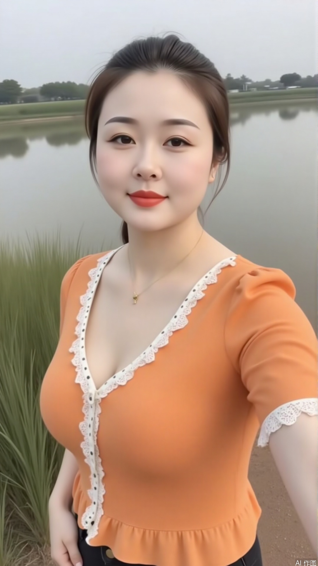 Captured at eye-level, a 3D rendering of an Asian woman stands in front of a body of water. She is wearing an orange top with a white lace trim around the neckline and shoulders. Her hair is pulled back in a ponytail and she is wearing a pair of black pants. Her lips are a vibrant red, her eyes are a deep brown, and her eyebrows are a light brown. Her left hand is on her hip, while her right hand is resting on the ground. The backdrop is a lush green field, and the water is calm. The sky is a light gray.