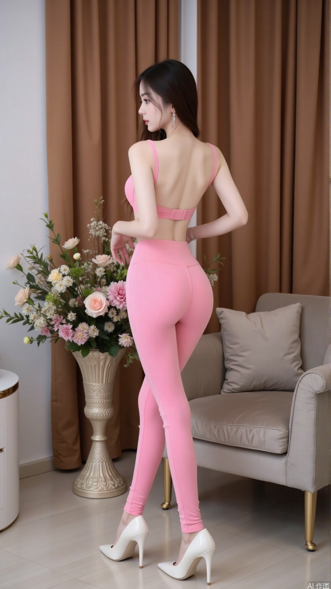 Realistic photo, one young woman, back view, long hair, pale skin, big breast, backless yoga top, pink yoga pants, long legs, high heels, full body, luxurious living room, flowers,