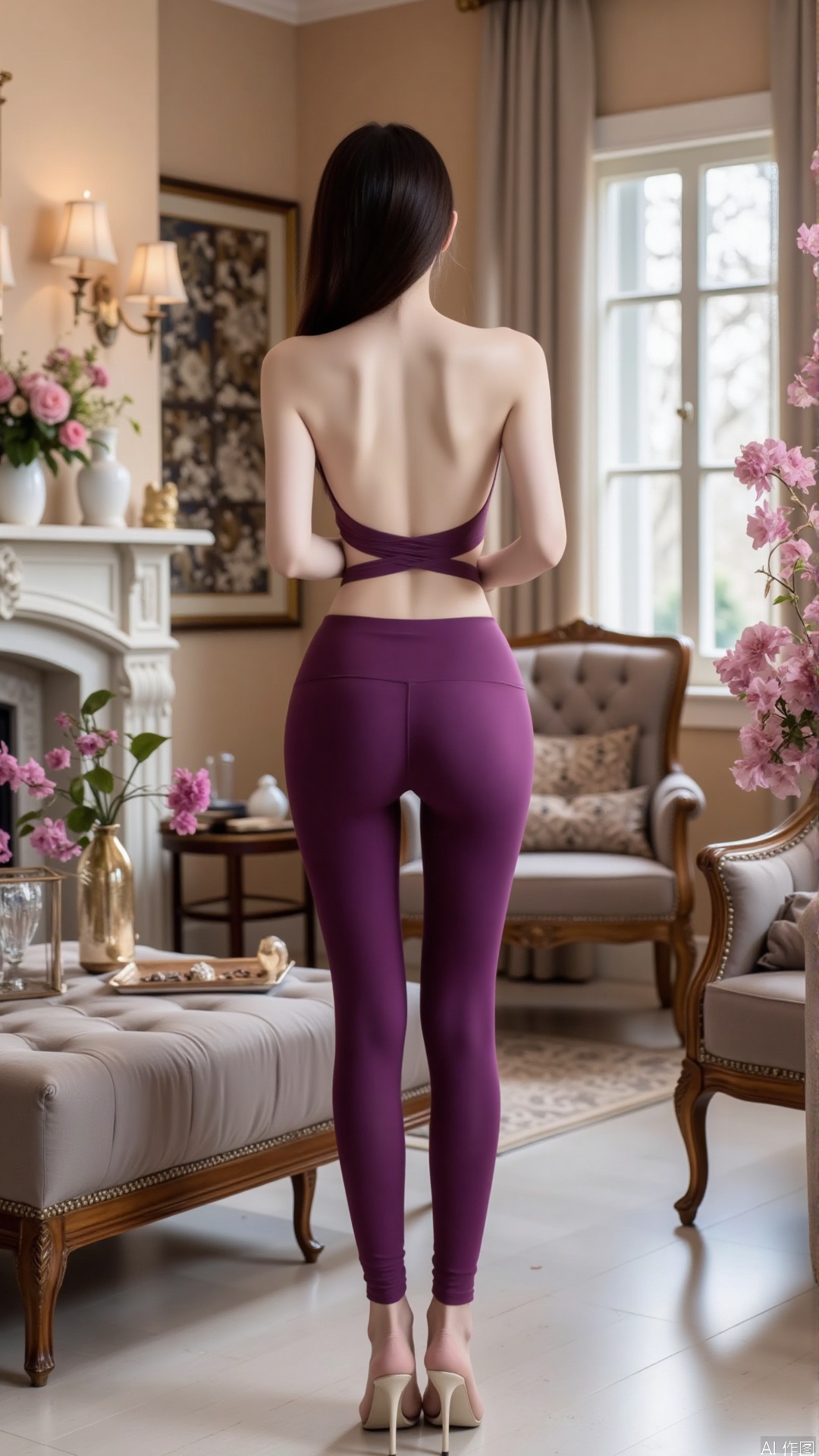 Realistic photo, one young woman, back view, long hair, pale skin, big breast, backless yoga top, purple yoga pants, long legs, high heels, full body, luxurious living room, flowers,