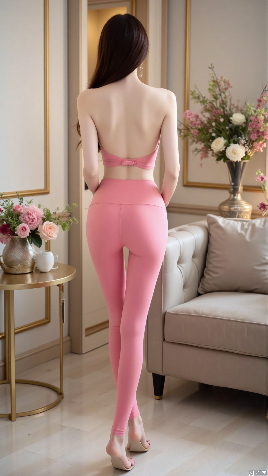 Realistic photo, one young woman, back view, long hair, pale skin, big breast, backless yoga top, pink yoga pants, long legs, high heels, full body, luxurious living room, flowers,