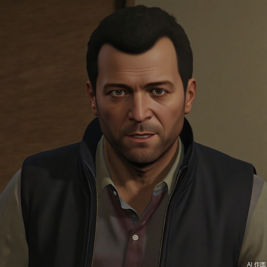1man,3D character model,Michael,solo,looking at viewer,short hair,black hair,male focus,facial hair,beard,vest,realistic