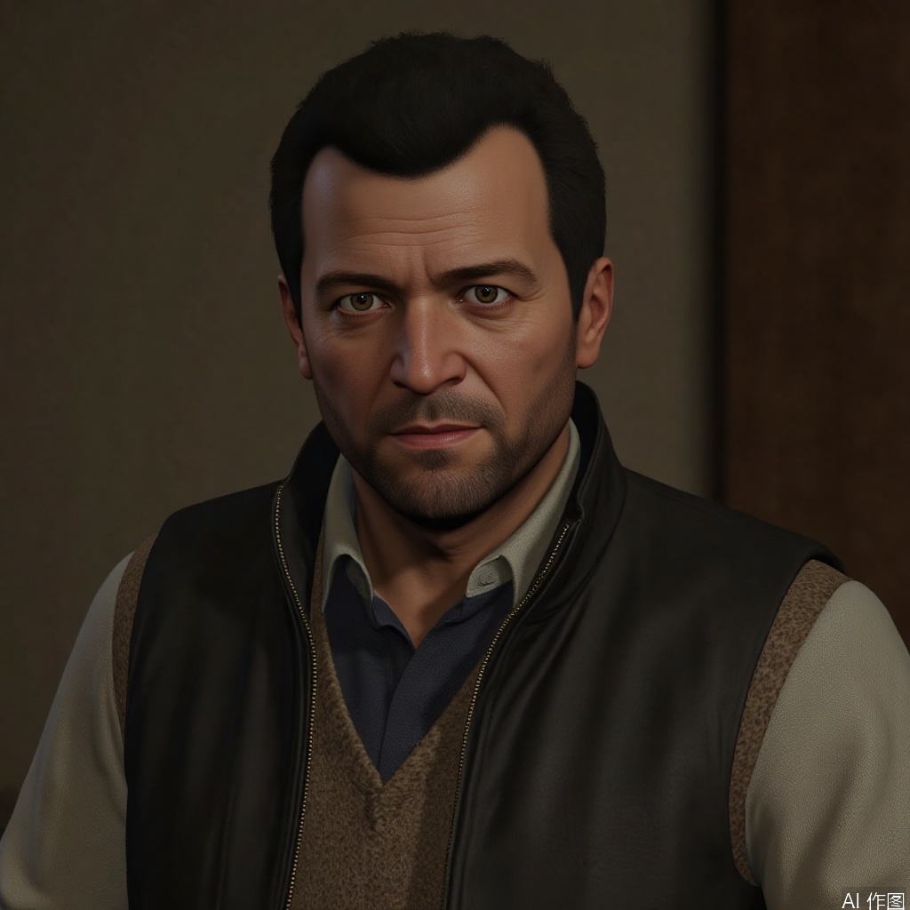 1man,3D character model,Michael,solo,looking at viewer,short hair,black hair,male focus,facial hair,beard,vest,realistic