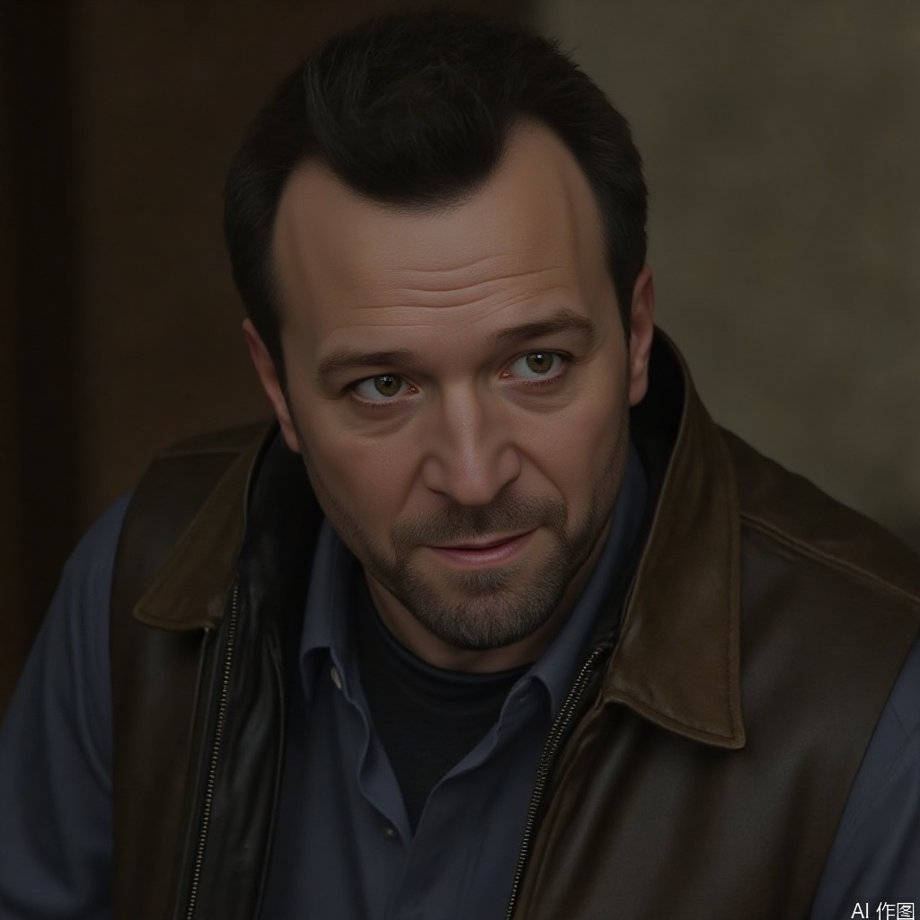 1man,Michael,solo,looking at viewer,short hair,black hair,male focus,facial hair,beard,vest,realistic