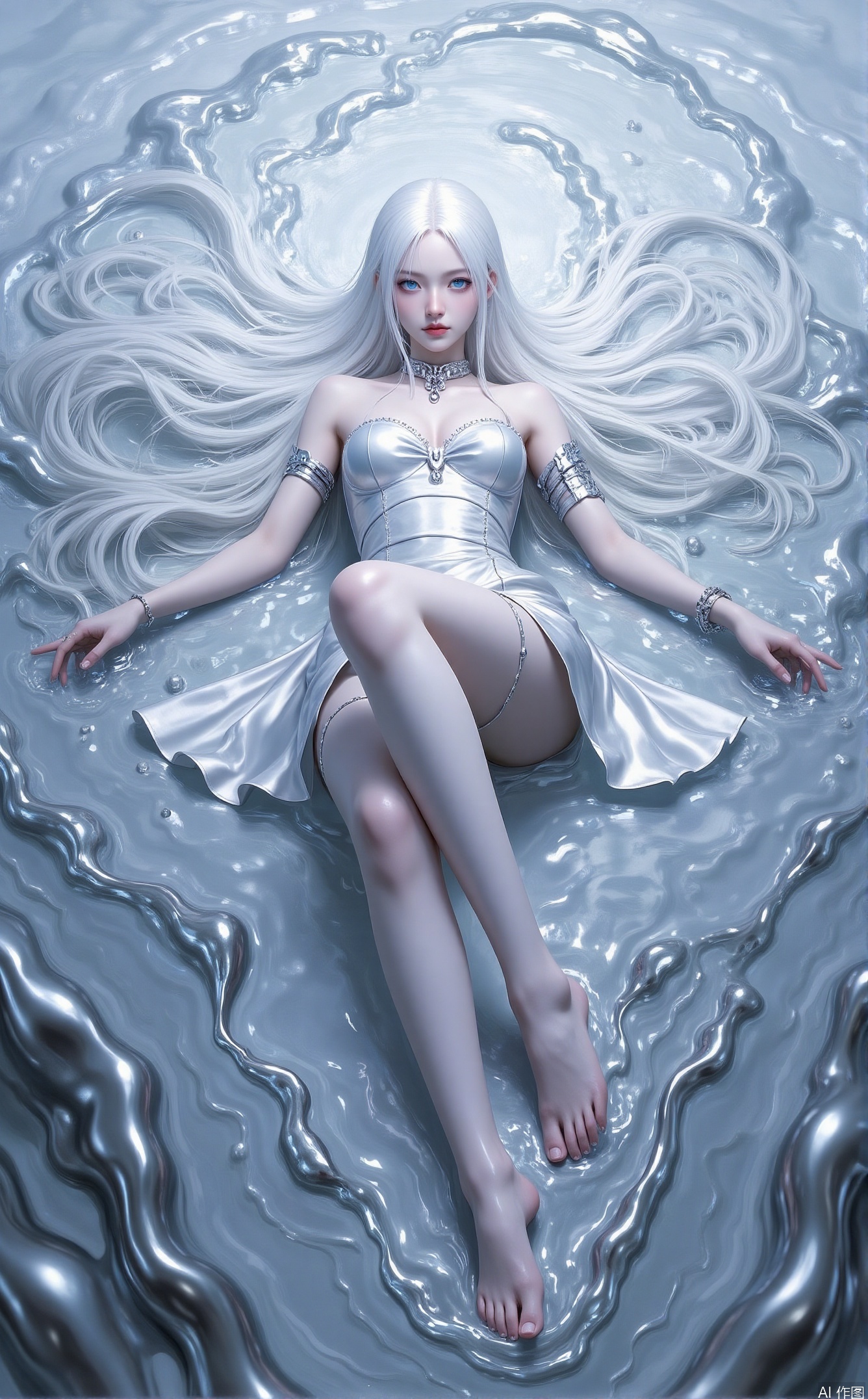 1girl, solo, long hair, breasts, looking at viewer, blue eyes, dress, bare shoulders, jewelry, medium breasts, very long hair, collarbone, full body, white hair, barefoot, choker, artist name, water, white dress, bracelet, feet, lips, legs, parted bangs, bare legs, strapless, toes, strapless dress, armlet,lying