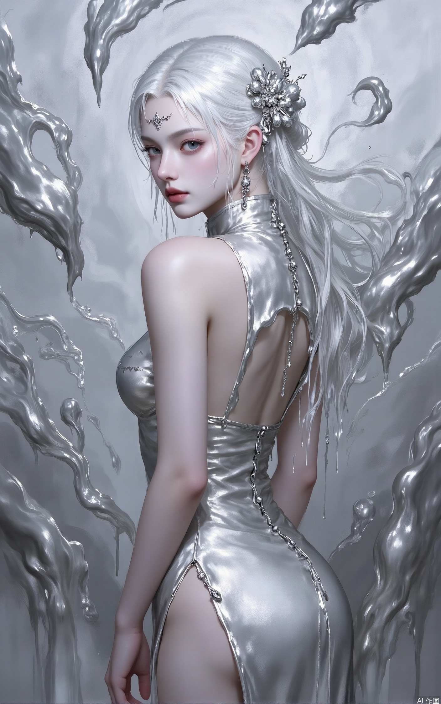 1girl, solo, long hair, breasts, looking at viewer, hair ornament, dress, bare shoulders, jewelry, closed mouth, upper body, flower, white hair, earrings, looking back, hair flower, from behind, white dress, lips, grey eyes, petals, back, facial mark, backless outfit, forehead mark,mercury